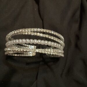 Anne Klein Silver-Tone Crystal & Imitation Pearl Bangle Bracelet NWOT